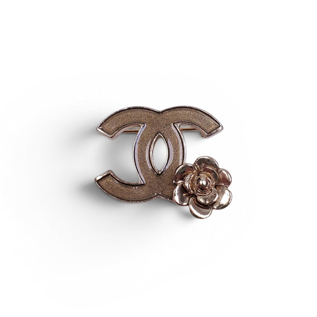 CHANEL SMALL LOGO BROOCH WITH CAMÉLIA FLOWER