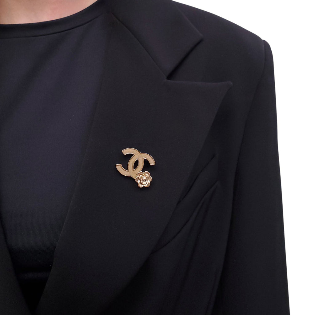 CHANEL SMALL LOGO BROOCH WITH CAMÉLIA FLOWER
