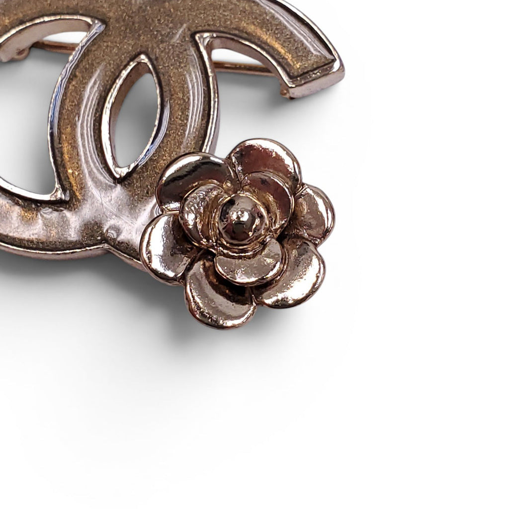 CHANEL SMALL LOGO BROOCH WITH CAMÉLIA FLOWER