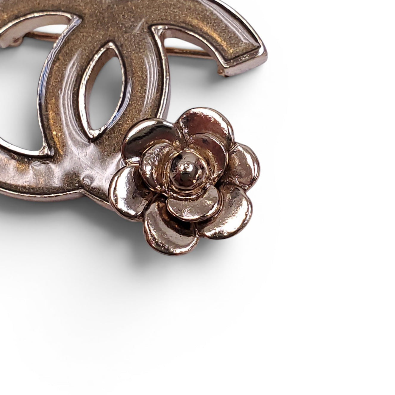 CHANEL SMALL LOGO BROOCH WITH CAMÉLIA FLOWER