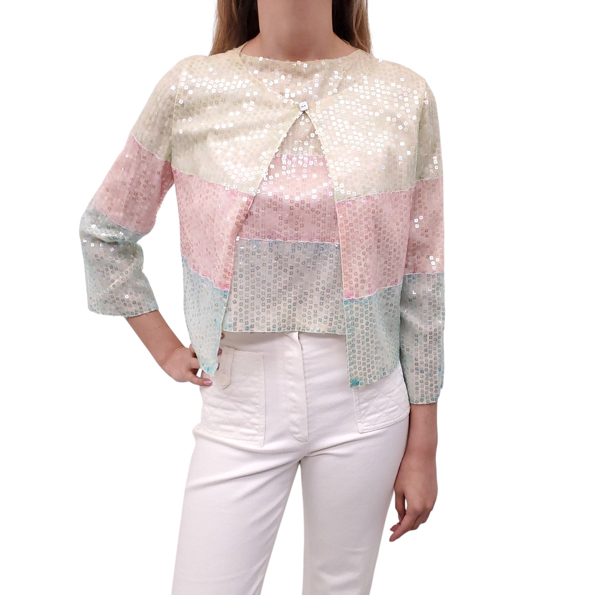 CHANEL TRI-COLOUR SEQUIN TOP AND CARDIGAN - SIZE 38