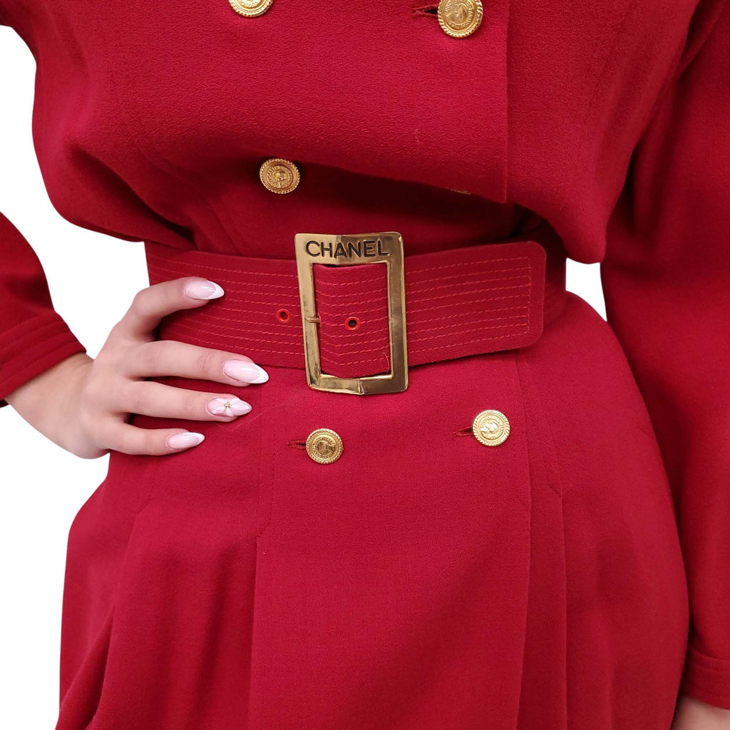 CHANEL VINTAGE RED DRESS WITH LOGO BELT - SIZE XS