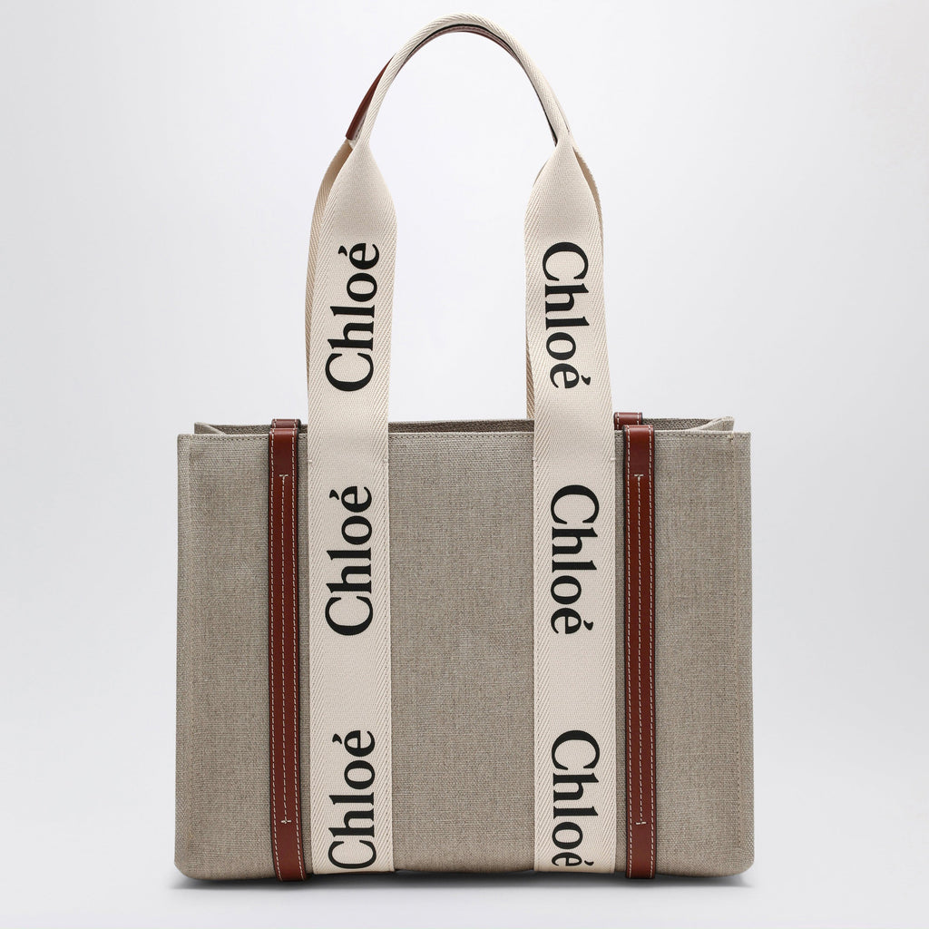 Chloe Woody Medium Bag In Beige Canvas Women