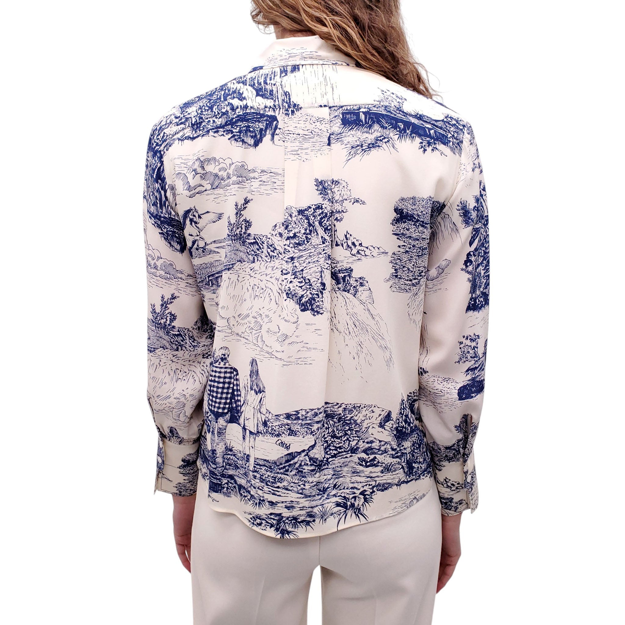 CHLOÉ CREAM AND NAVY SILK TOILE PRINT BLOUSE - SIZE 36