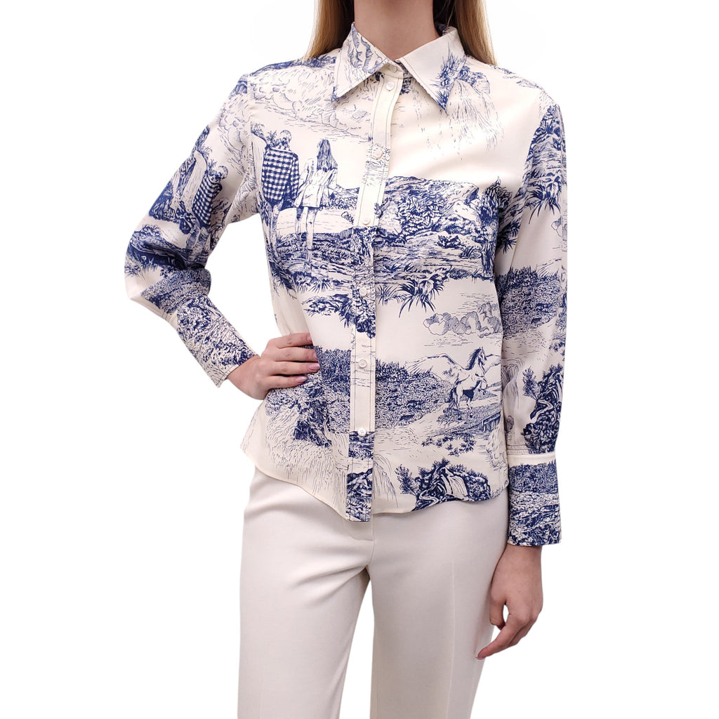 CHLOÉ CREAM AND NAVY SILK TOILE PRINT BLOUSE - SIZE 36