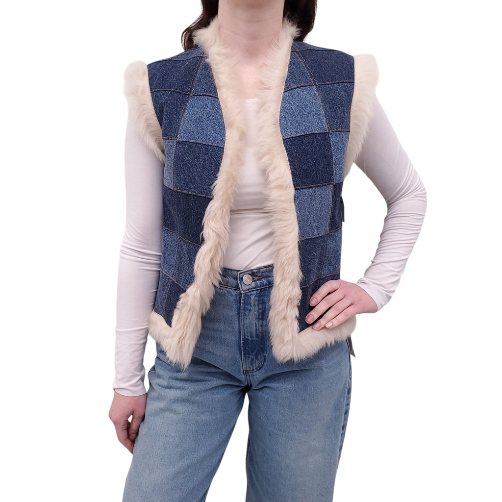 CHLOÉ DENIM PATCHWORK FUR VEST - SIZE 34