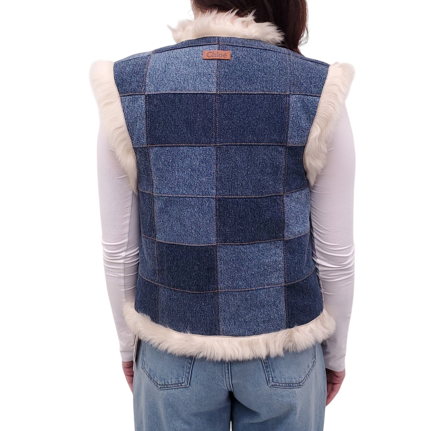 CHLOÉ DENIM PATCHWORK FUR VEST - SIZE 34