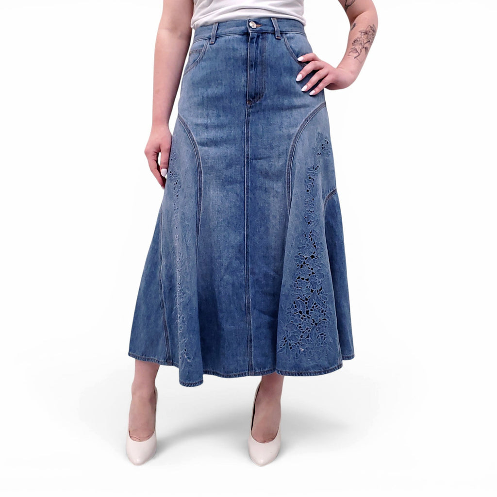 CHLOÉ EMBROIDERED DENIM MIDI SKIRT - SIZE 38