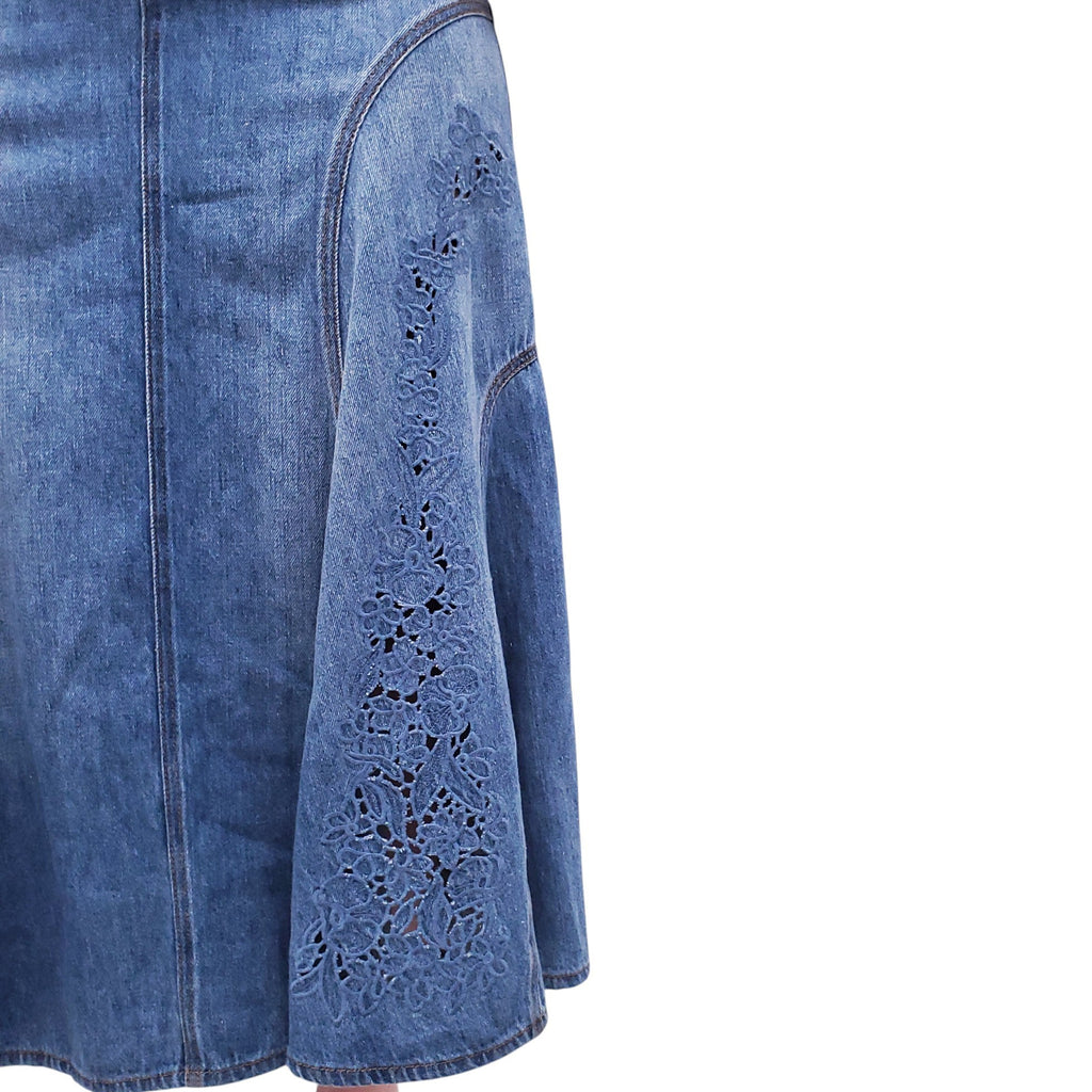 CHLOÉ EMBROIDERED DENIM MIDI SKIRT - SIZE 38