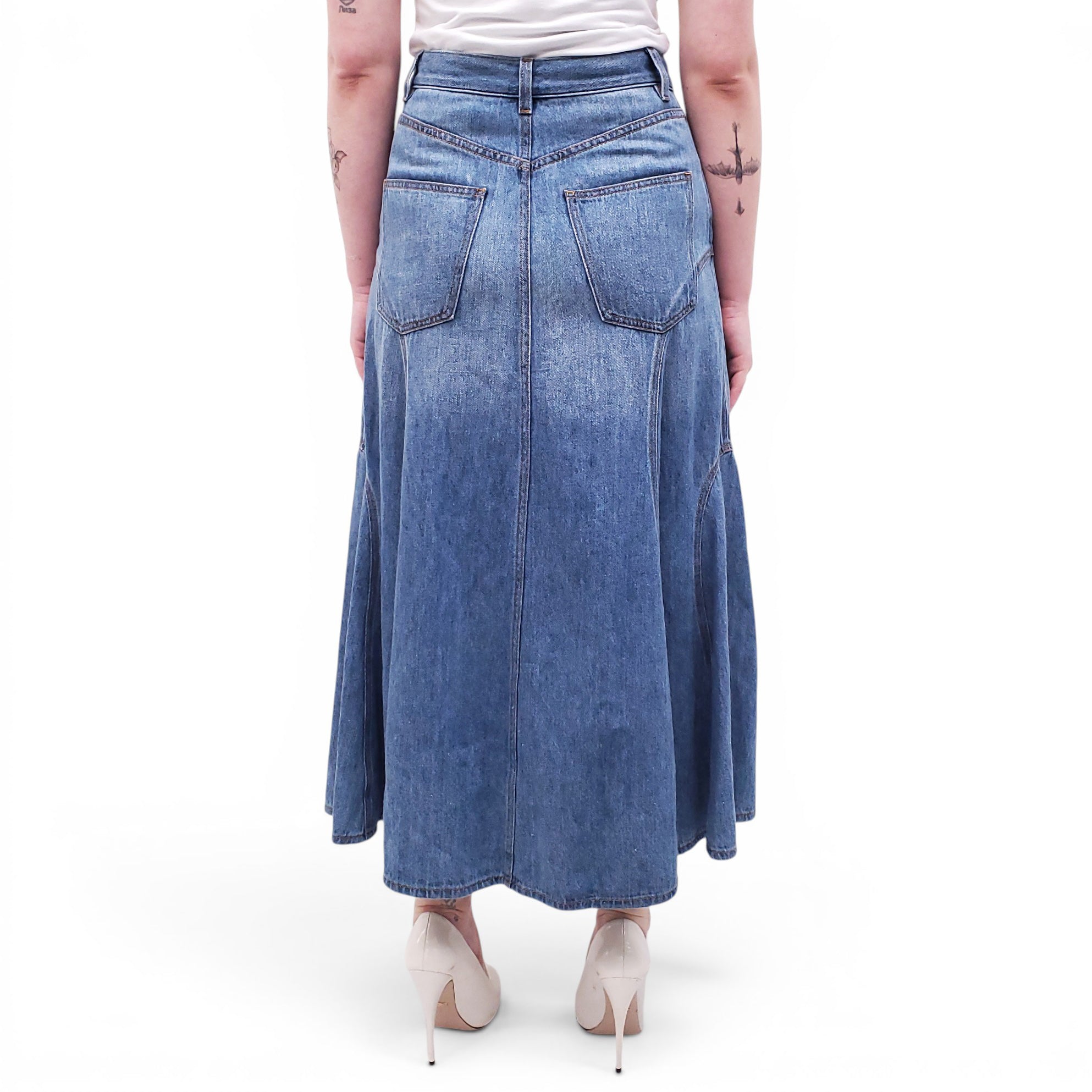 CHLOÉ EMBROIDERED DENIM MIDI SKIRT - SIZE 38