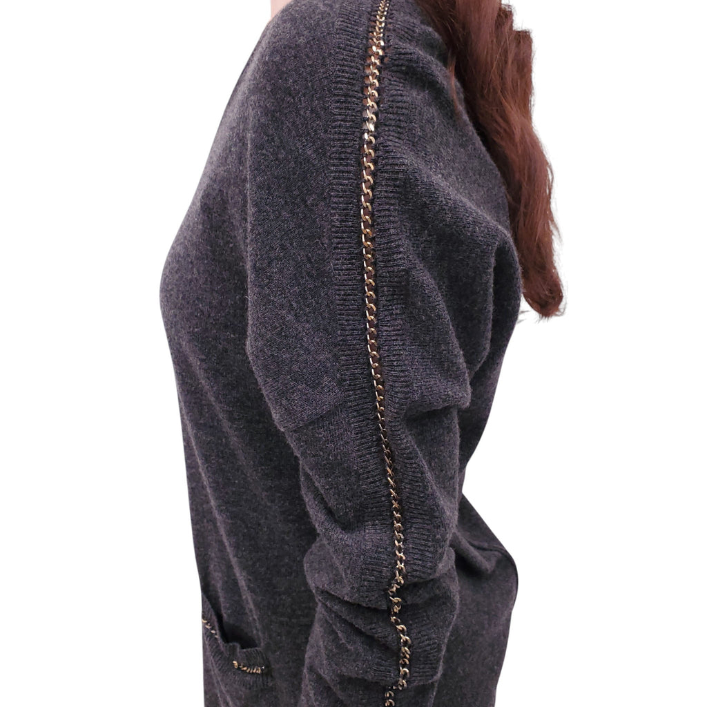 CHLOÉ GREY KNIT DRESS WITH GOLD CHAIN DETAILS - SIZE L