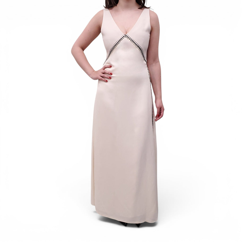 CHLOÉ PEARL BEIGE MAXI DRESS WITH BLACK STITCHING - SIZE 38
