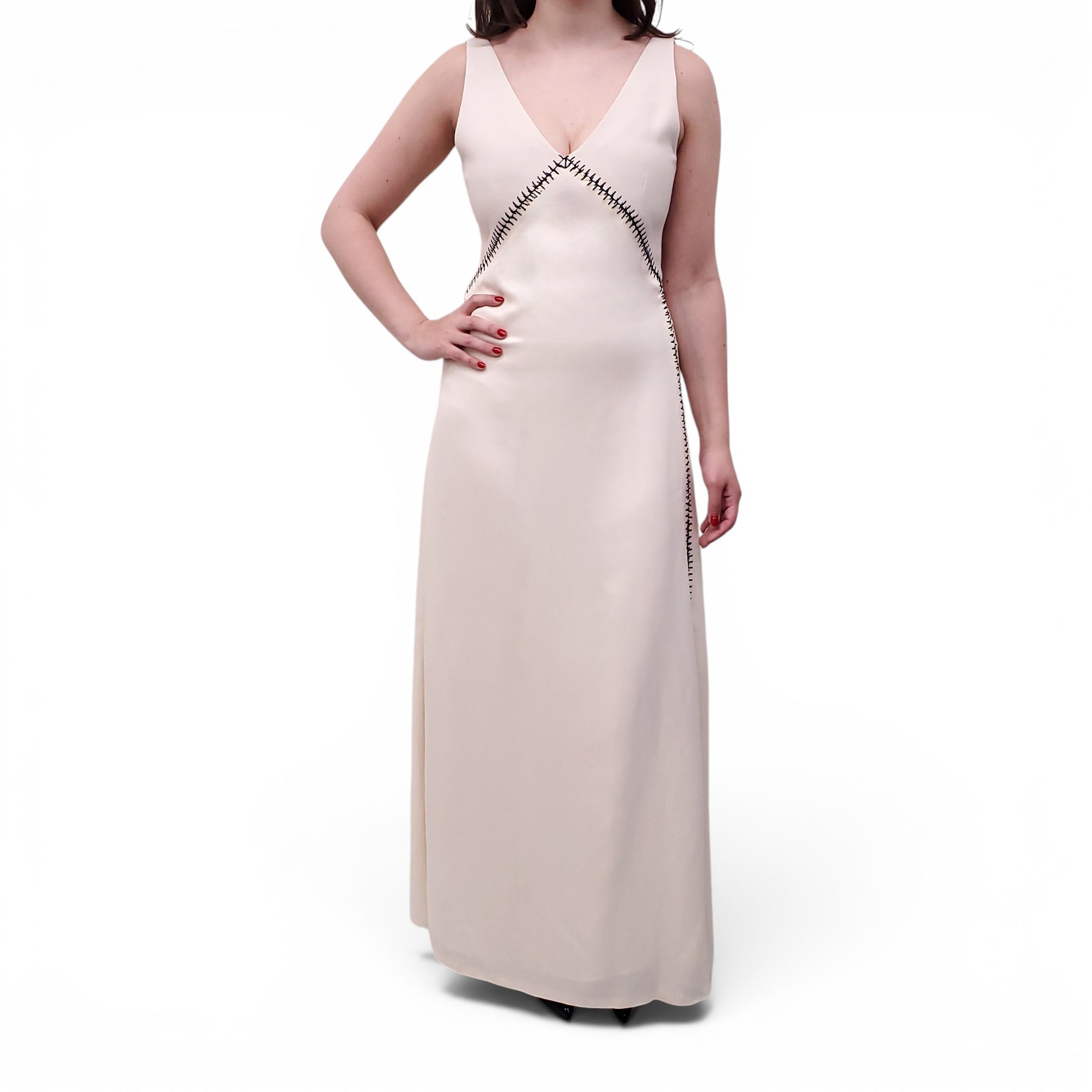 CHLOÉ PEARL BEIGE MAXI DRESS WITH BLACK STITCHING - SIZE 38