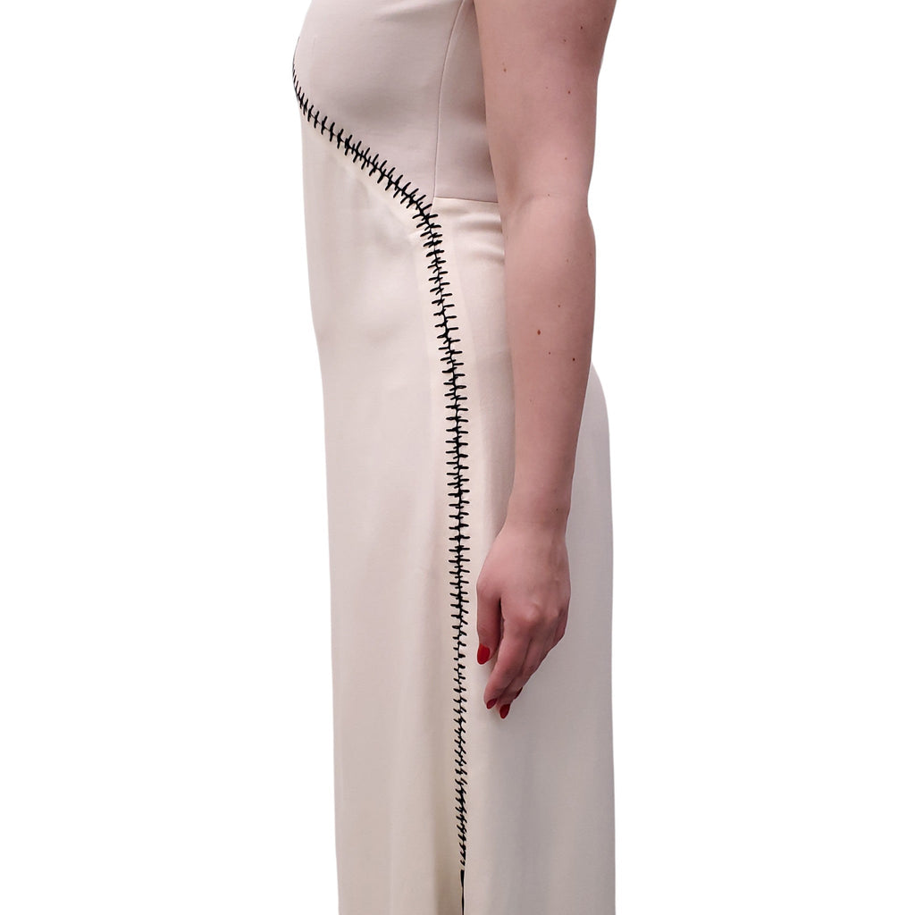 CHLOÉ PEARL BEIGE MAXI DRESS WITH BLACK STITCHING - SIZE 38