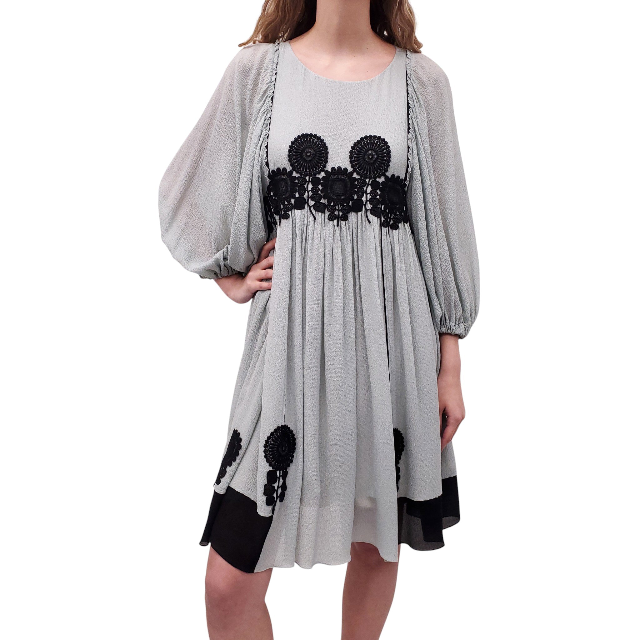 CHLOÉ SEAFOAM AND BLACK SILK MIDI DRESS - SIZE 40