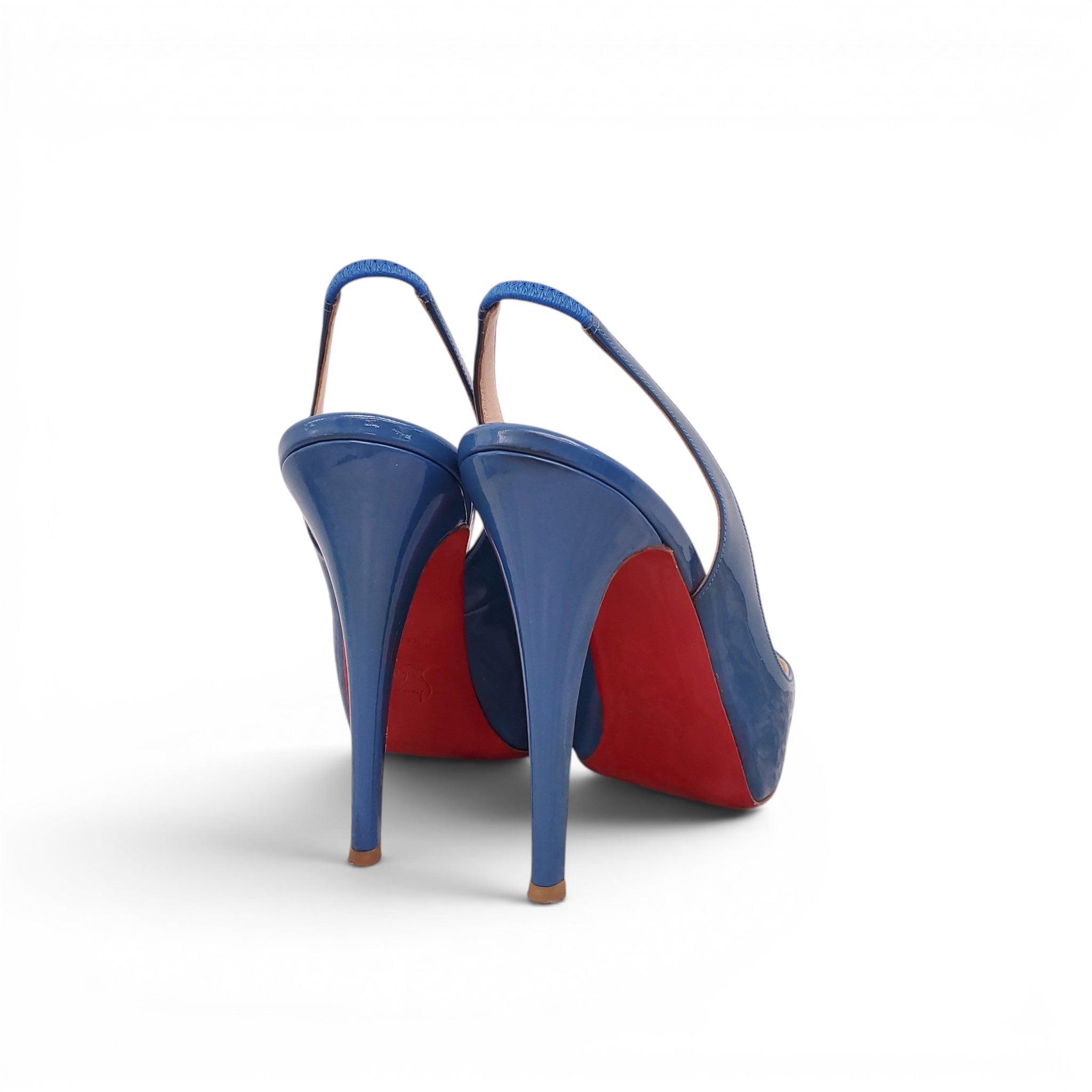 CHRISTIAN LOUBOUTIN BLUE PATENT PEEP-TOE HEELS - SIZE 38.5