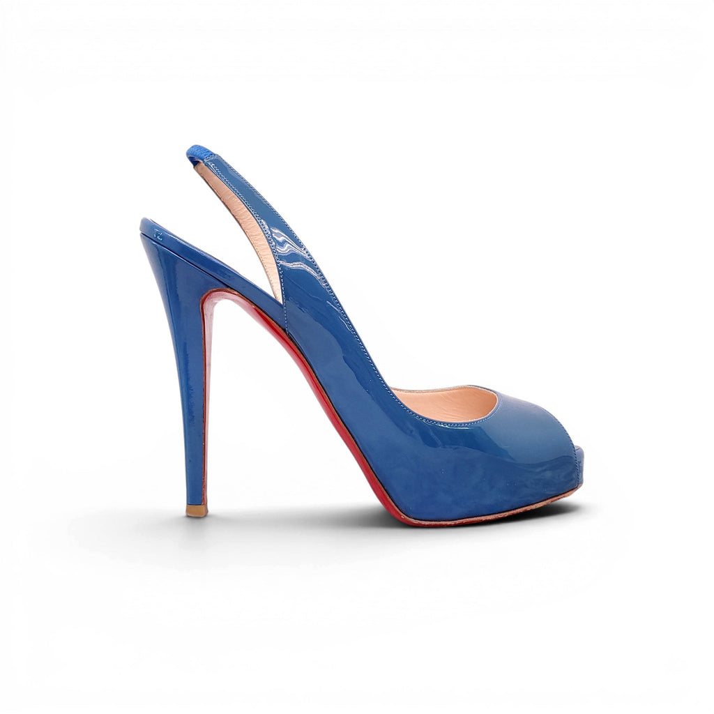 CHRISTIAN LOUBOUTIN BLUE PATENT PEEP-TOE HEELS - SIZE 38.5