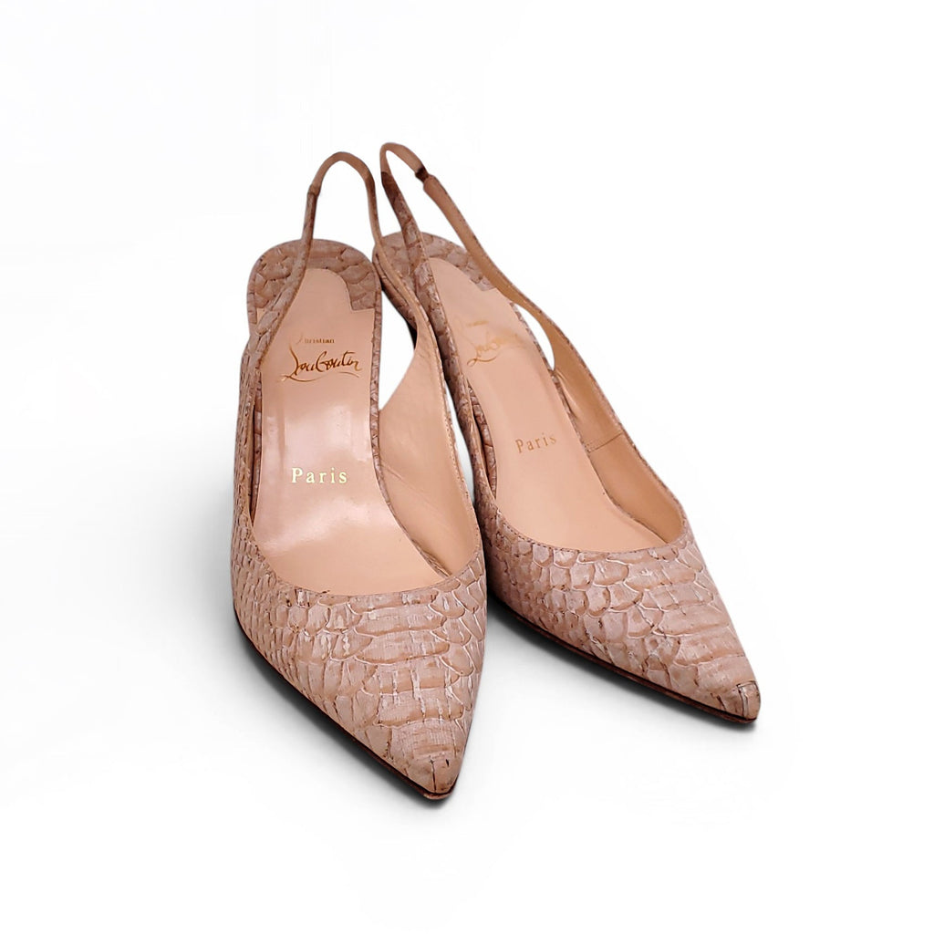 CHRISTIAN LOUBOUTIN NUDE SNAKESKIN SLINGBACK HEELS - SIZE 38.5