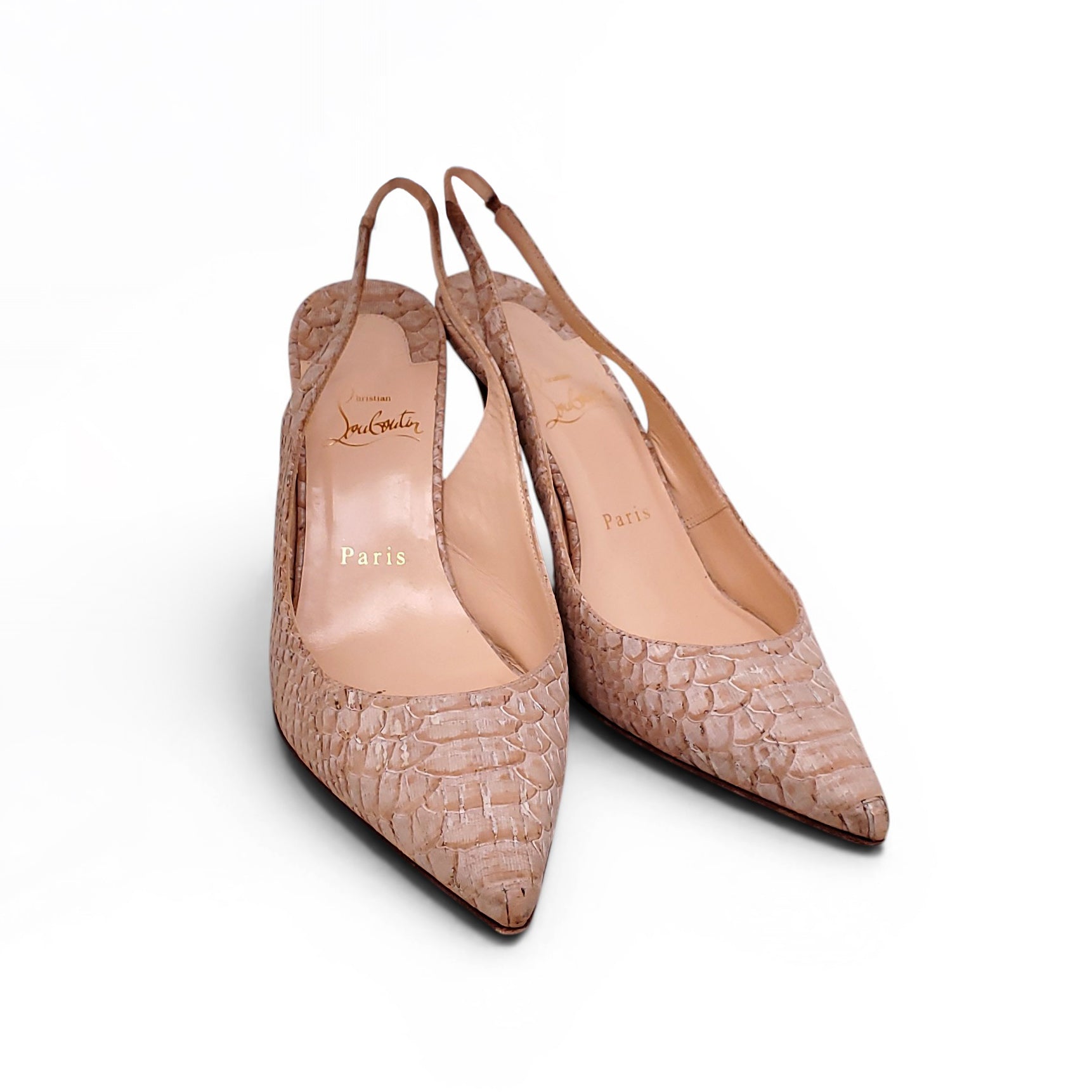 CHRISTIAN LOUBOUTIN NUDE SNAKESKIN SLINGBACK HEELS - SIZE 38.5
