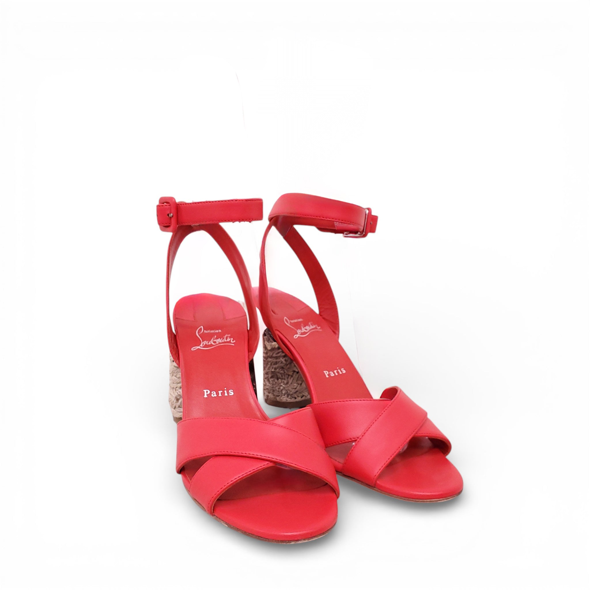 CHRISTIAN LOUBOUTIN RED RAFFIA WEDGE SANDALS - SIZE 40