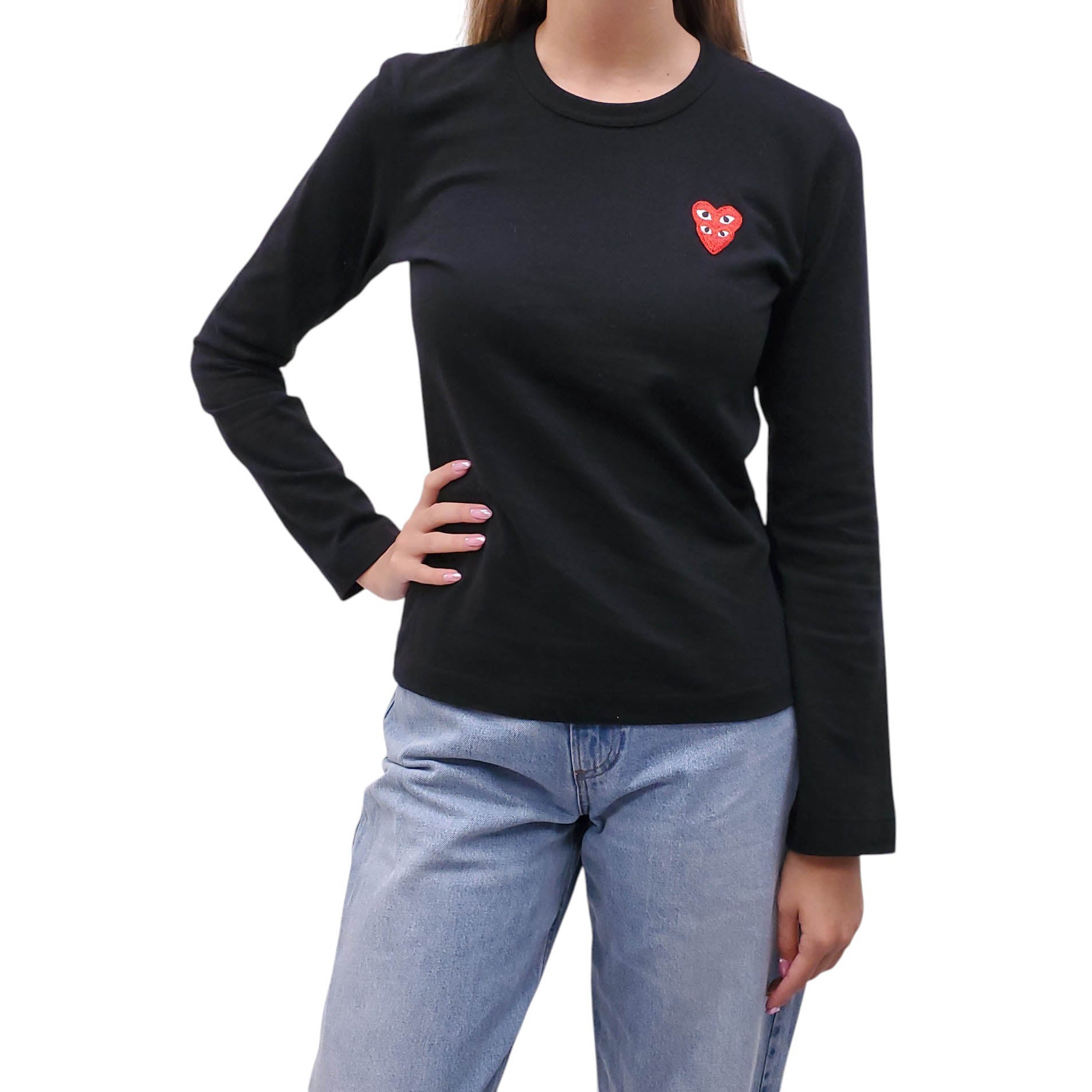 COMME DES GARÇONS PLAY BLACK DOUBLE LOGO LONG-SLEEVE TOP - SIZE M