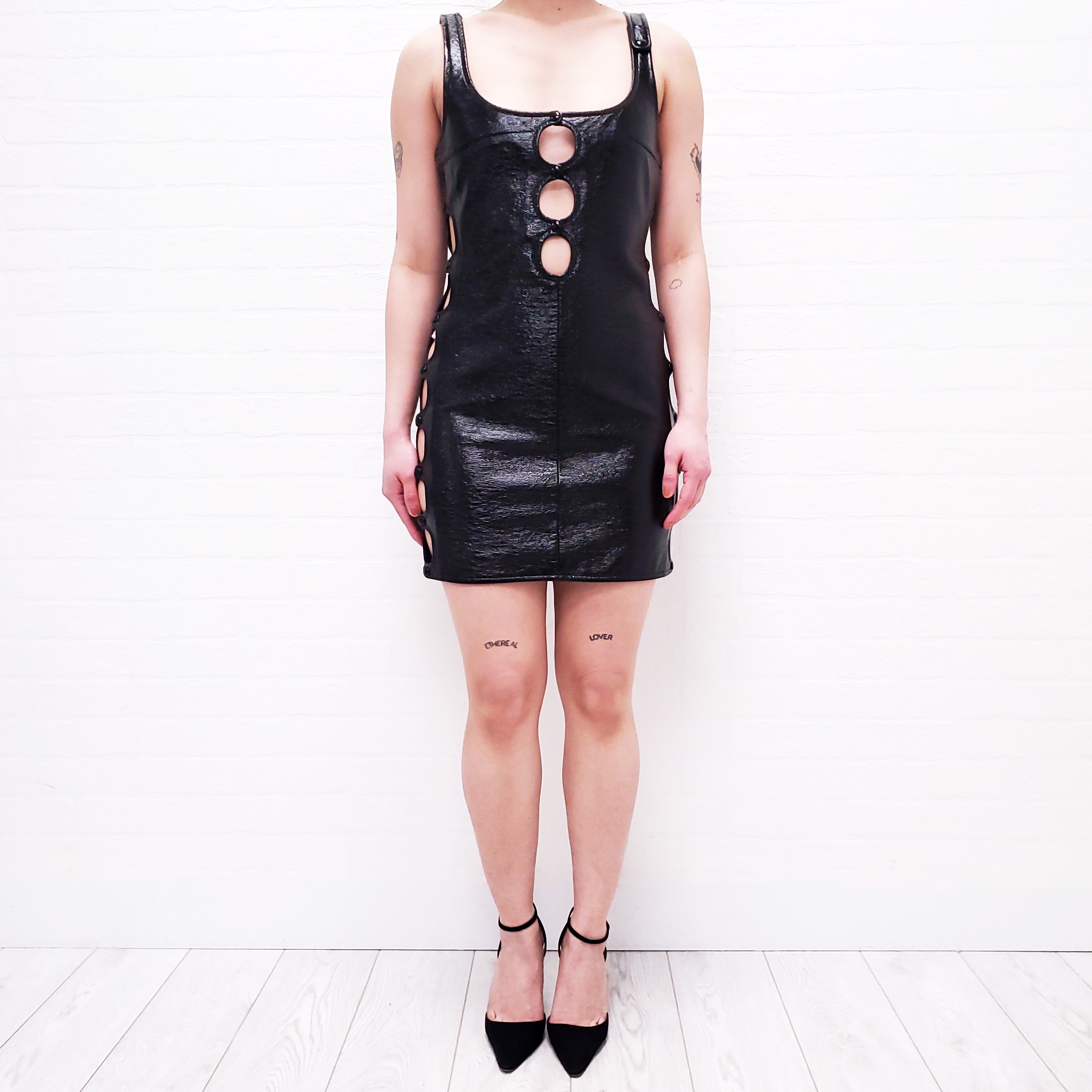 COURRÈGES BLACK PATENT DRESS WITH BUTTONS - SIZE 36
