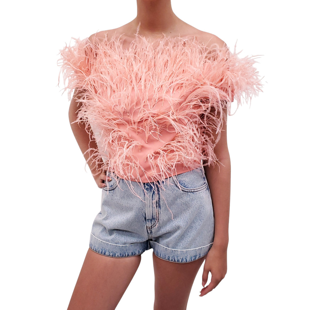 CULT GAIA PINK FEATHERED 'SOSHA' CROPPED TOP - SIZE 6