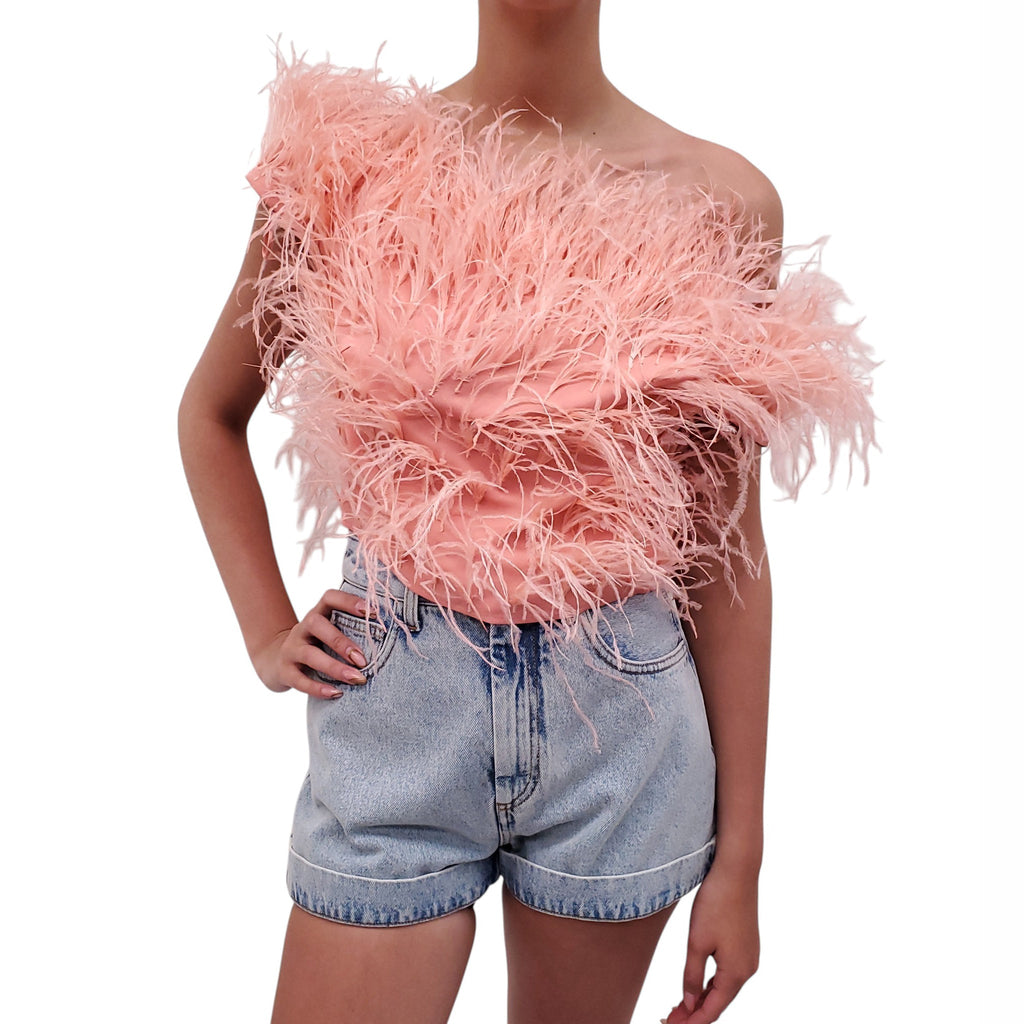 CULT GAIA PINK FEATHERED 'SOSHA' CROPPED TOP - SIZE 6