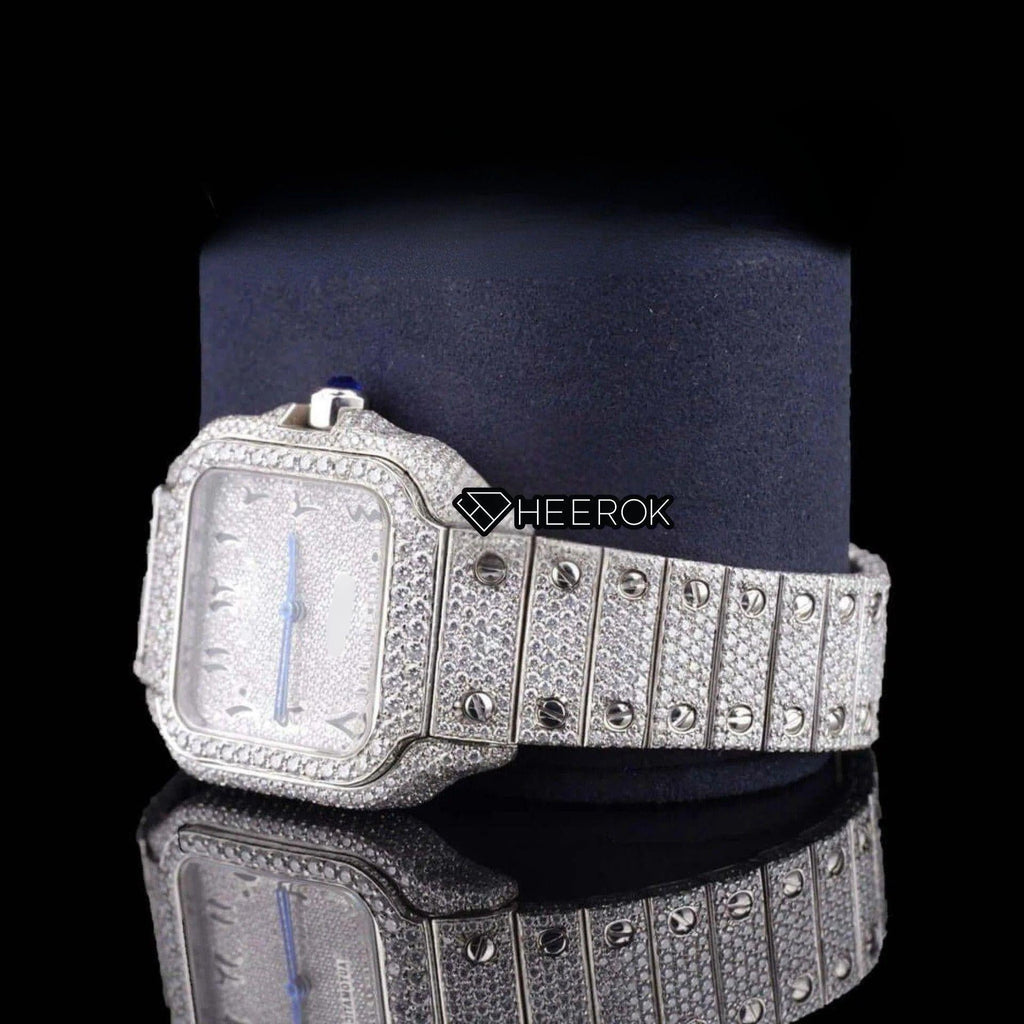 Cartier Santos Black Arabic Numerals White Dial Diamond Bezel Fully Iced Moissanite Diamond For Women