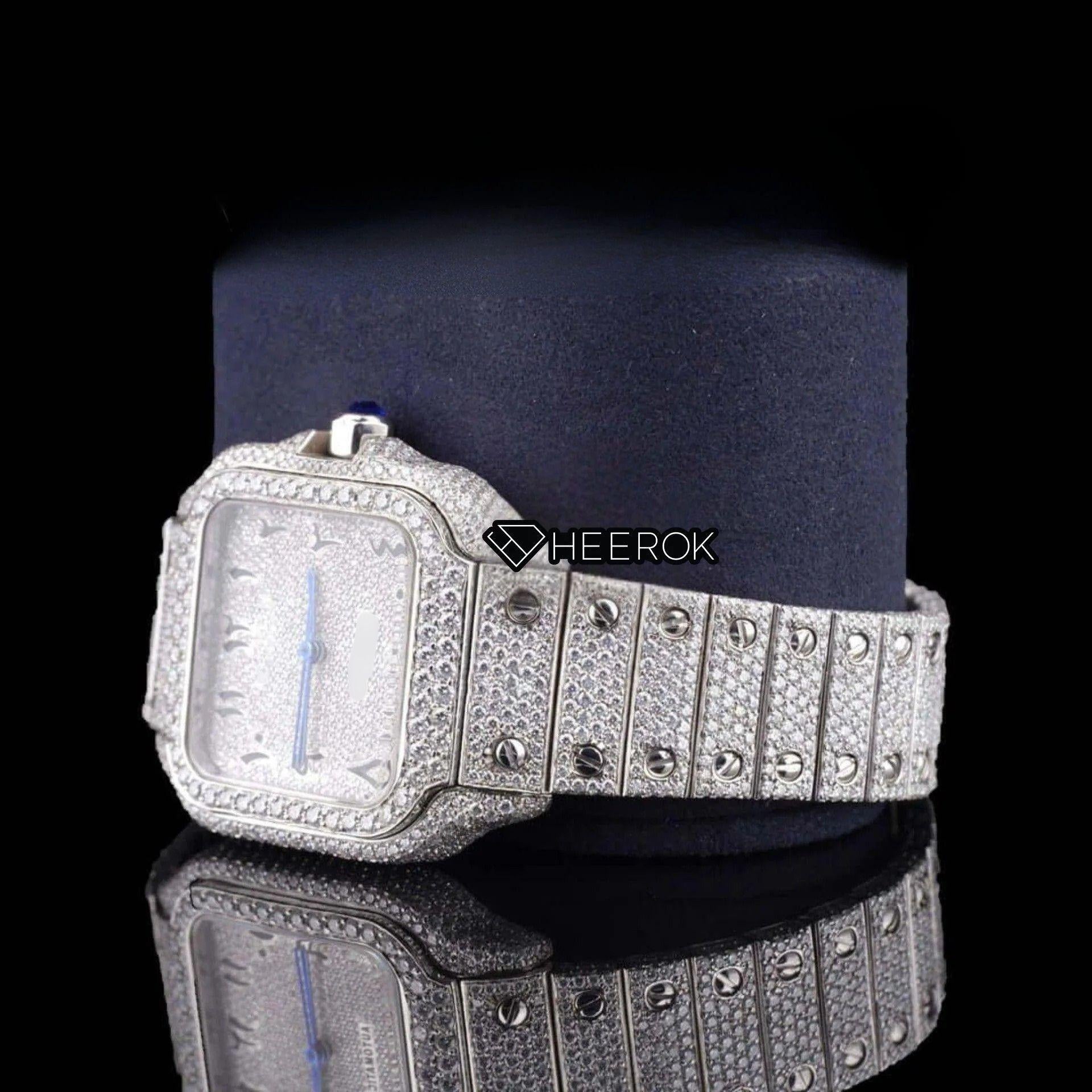 Cartier Santos Black Arabic Numerals White Dial Diamond Bezel Fully Iced Moissanite Diamond For Women