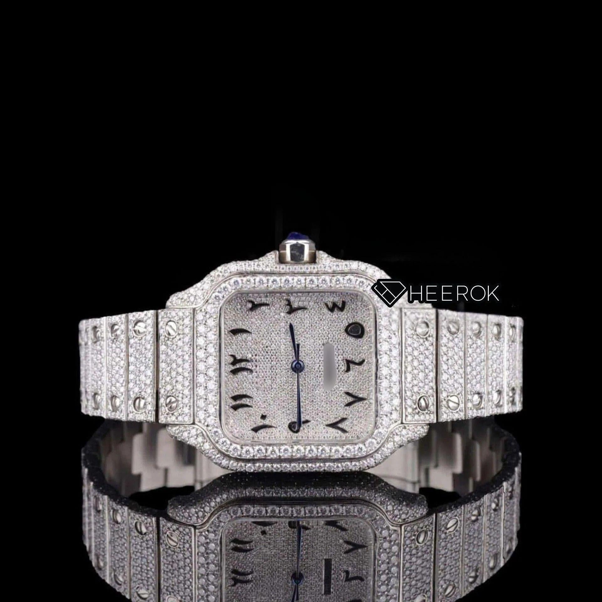 Cartier Santos Black Arabic Numerals White Dial Diamond Bezel Fully Iced Moissanite Diamond For Women