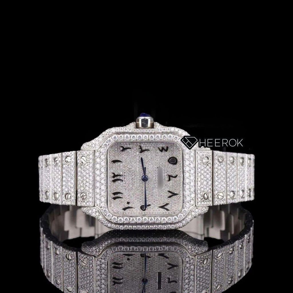 Cartier Santos Black Arabic Numerals White Dial Diamond Bezel Fully Iced Moissanite Diamond