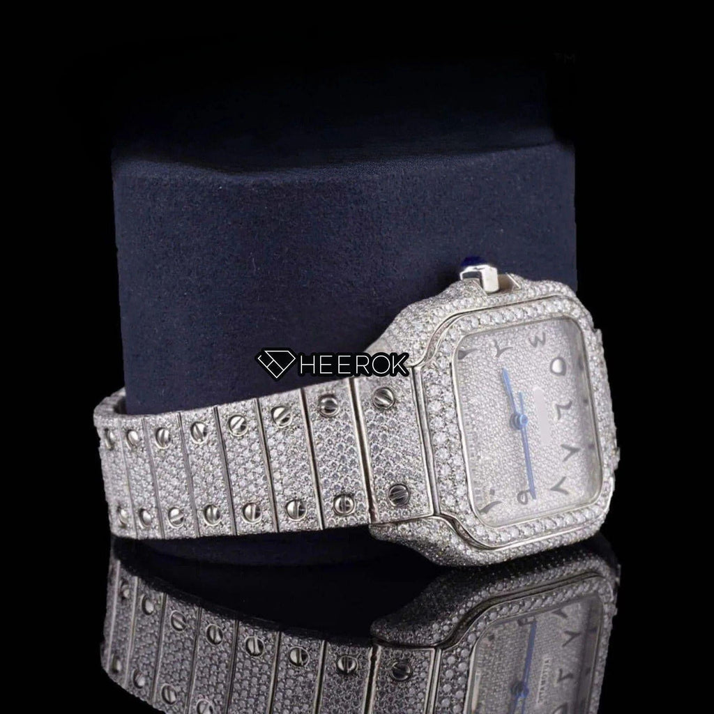 Cartier Santos Black Arabic Numerals White Dial Diamond Bezel Fully Iced Moissanite Diamond