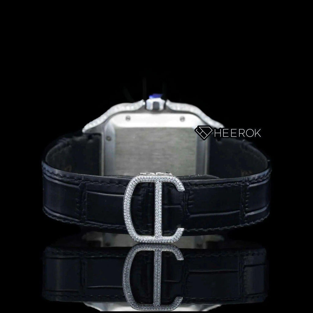 Cartier Santos Black Dial Roman Numerals Diamond Bezel Moissanite Diamond Black Leather Strap