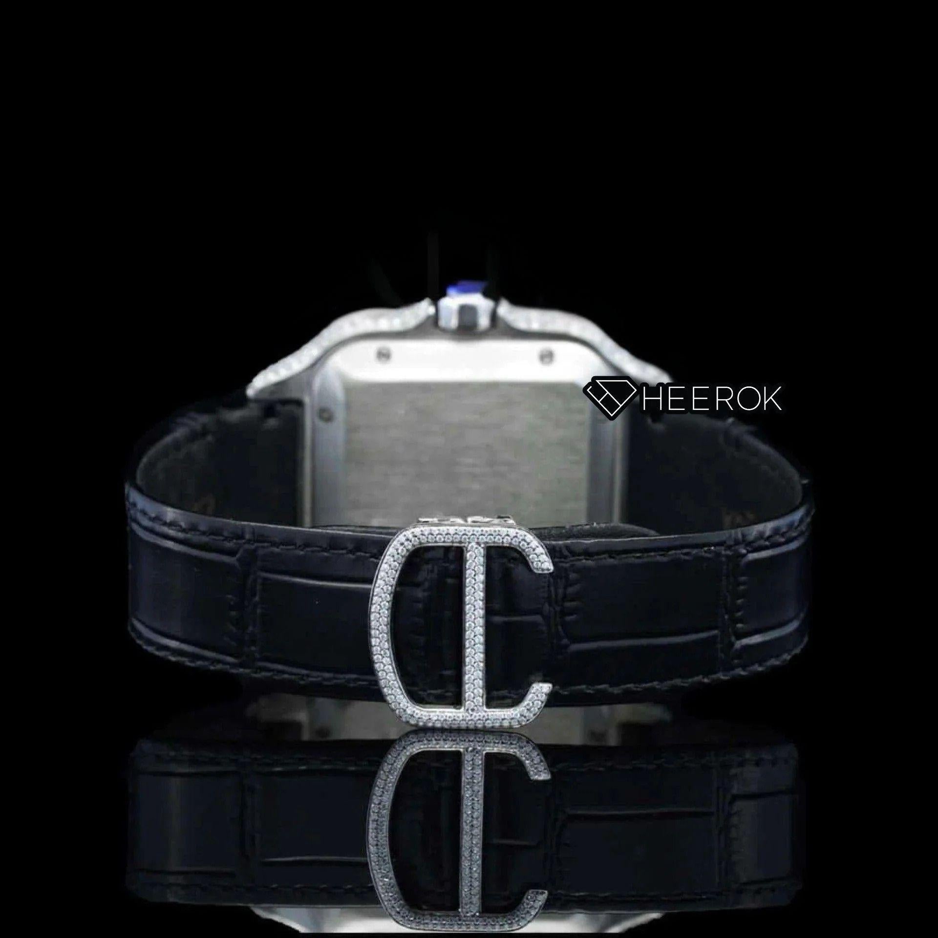 Cartier Santos Black Dial Roman Numerals Diamond Bezel Moissanite Diamond Black Leather Strap