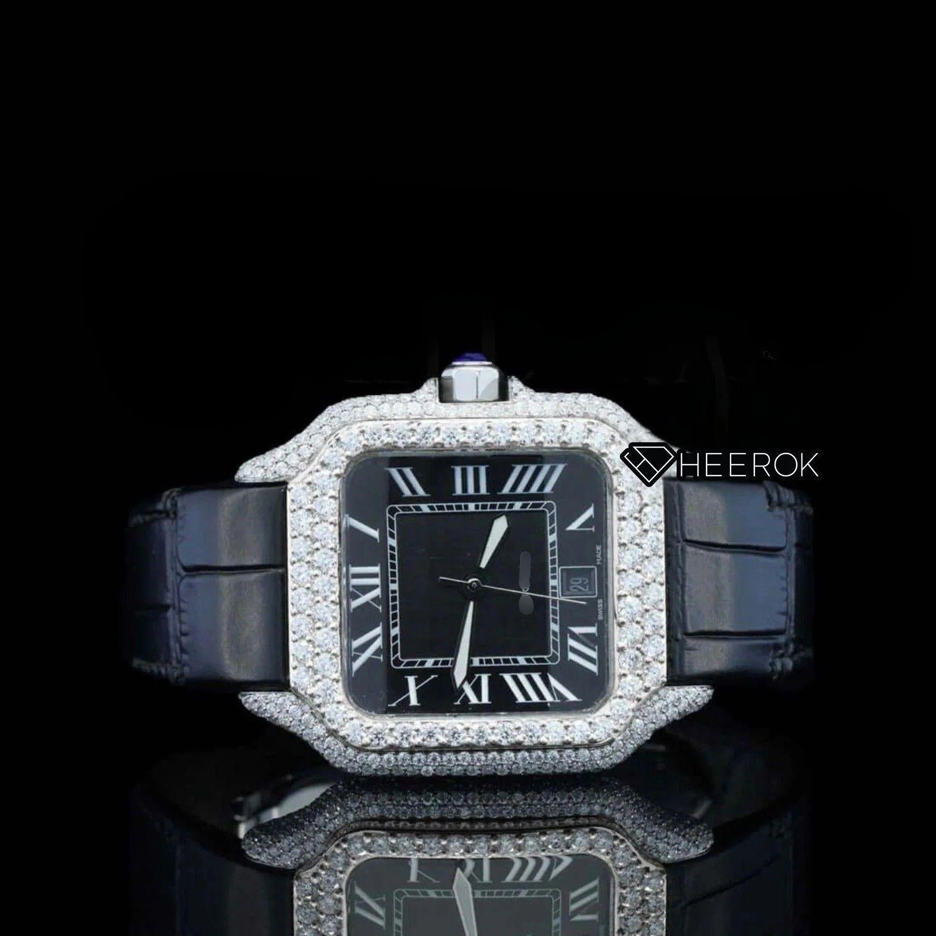 Cartier Santos Black Dial Roman Numerals Diamond Bezel Moissanite Diamond Black Leather Strap