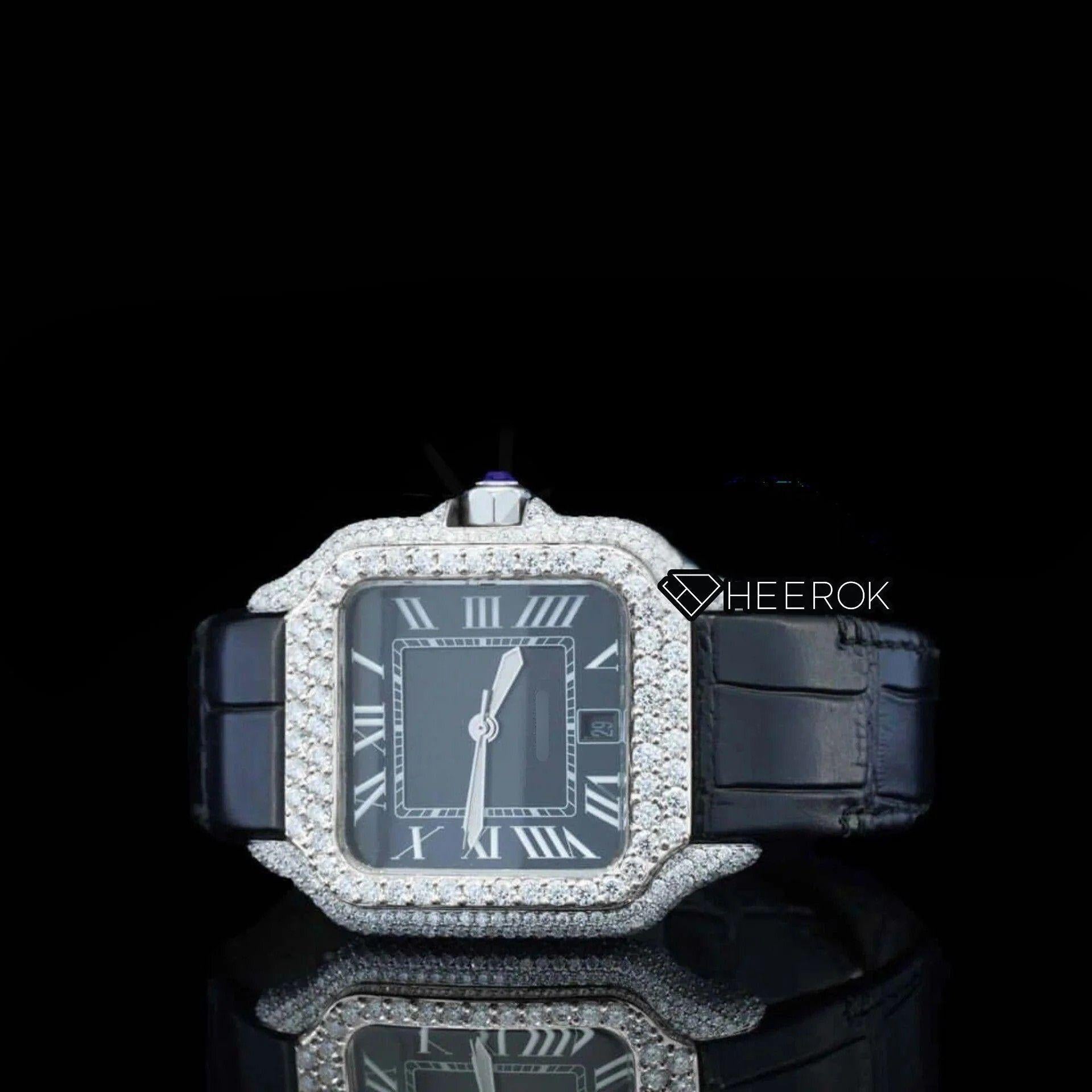Cartier Santos Black Dial Roman Numerals Diamond Bezel Moissanite Diamond Black Leather Strap