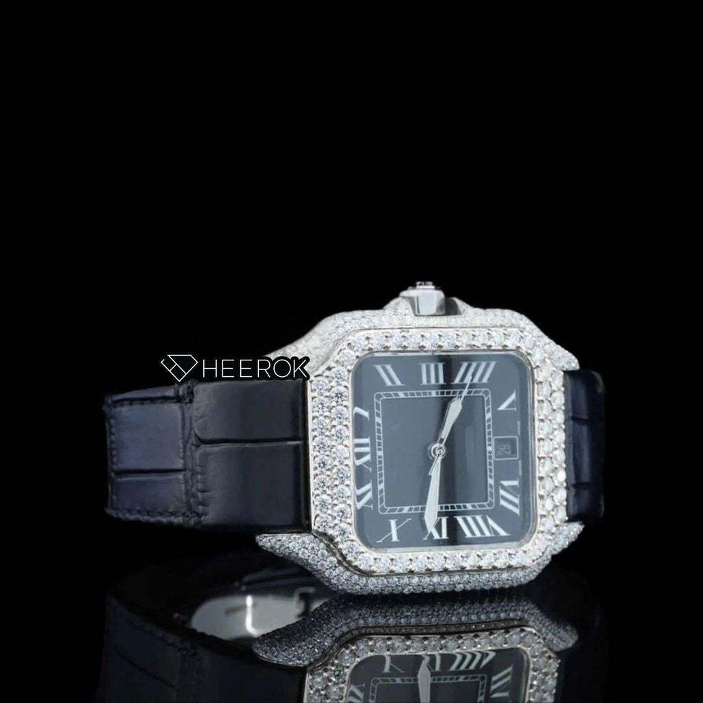 Cartier Santos Black Dial Roman Numerals Diamond Bezel Moissanite Diamond Black Leather Strap