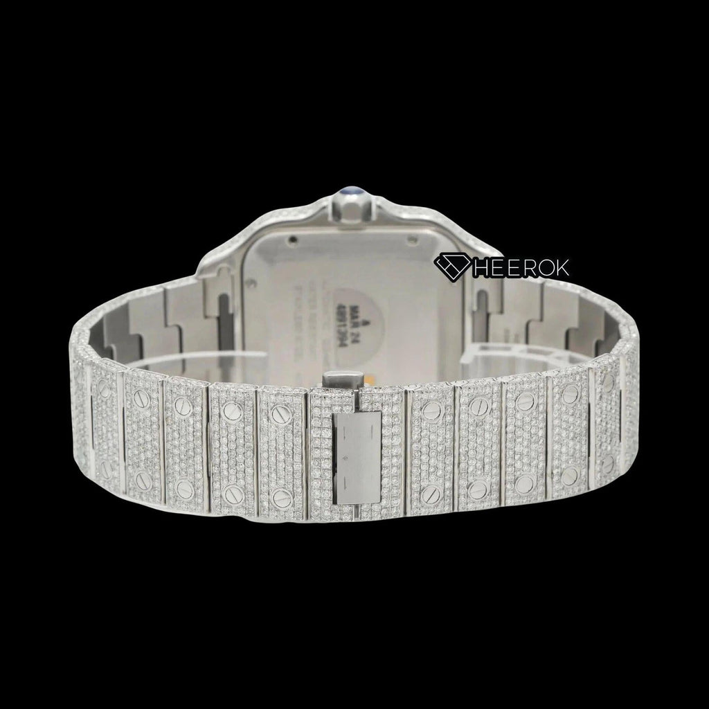 Cartier Santos Blue Dial Roman Numerals Diamond Bezel Fully Iced Out Moissanite Diamond Watch
