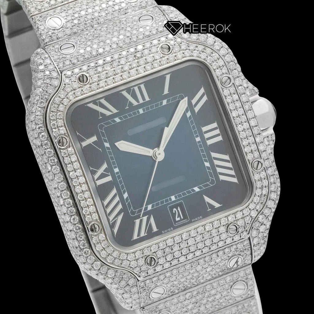 Cartier Santos Blue Dial Roman Numerals Diamond Bezel Fully Iced Out Moissanite Diamond Watch
