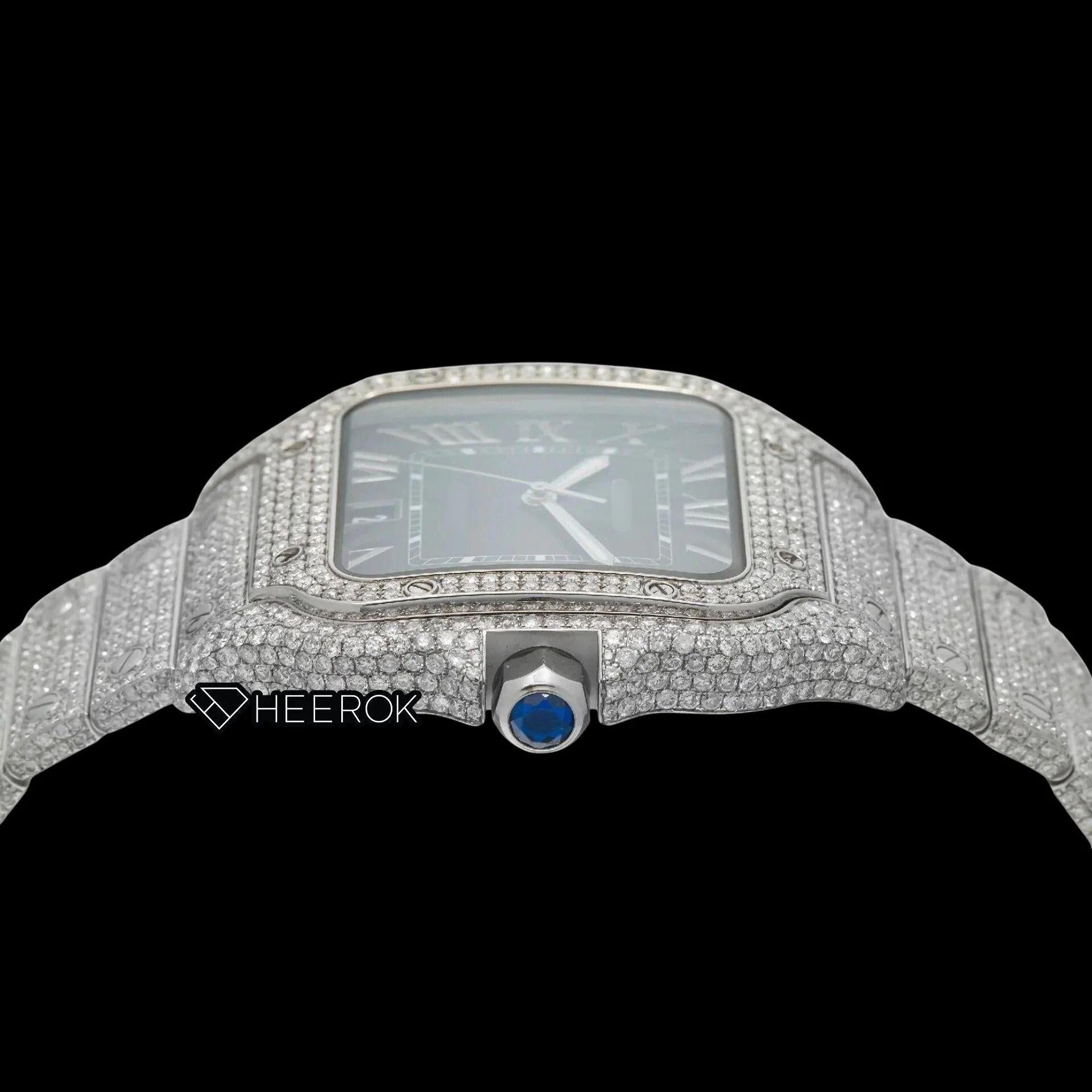 Cartier Santos Blue Dial Roman Numerals Diamond Bezel Fully Iced Out Moissanite Diamond Watch