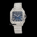 Cartier Santos Blue Dial Roman Numerals Diamond Bezel Fully Iced Out Moissanite Diamond Watch