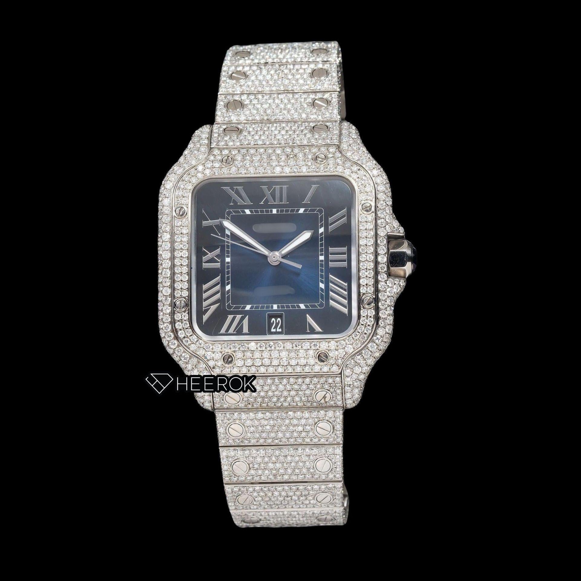Cartier Santos Blue Dial Roman Numerals Diamond Bezel Fully Iced Out Moissanite Diamond Watch