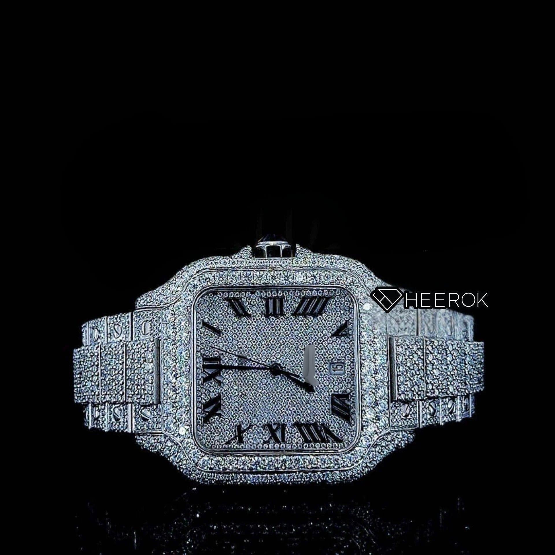 Cartier Santos Full Pave Dial Black Roman Numerals Diamond Bezel Fully Iced Moissanite Diamond
