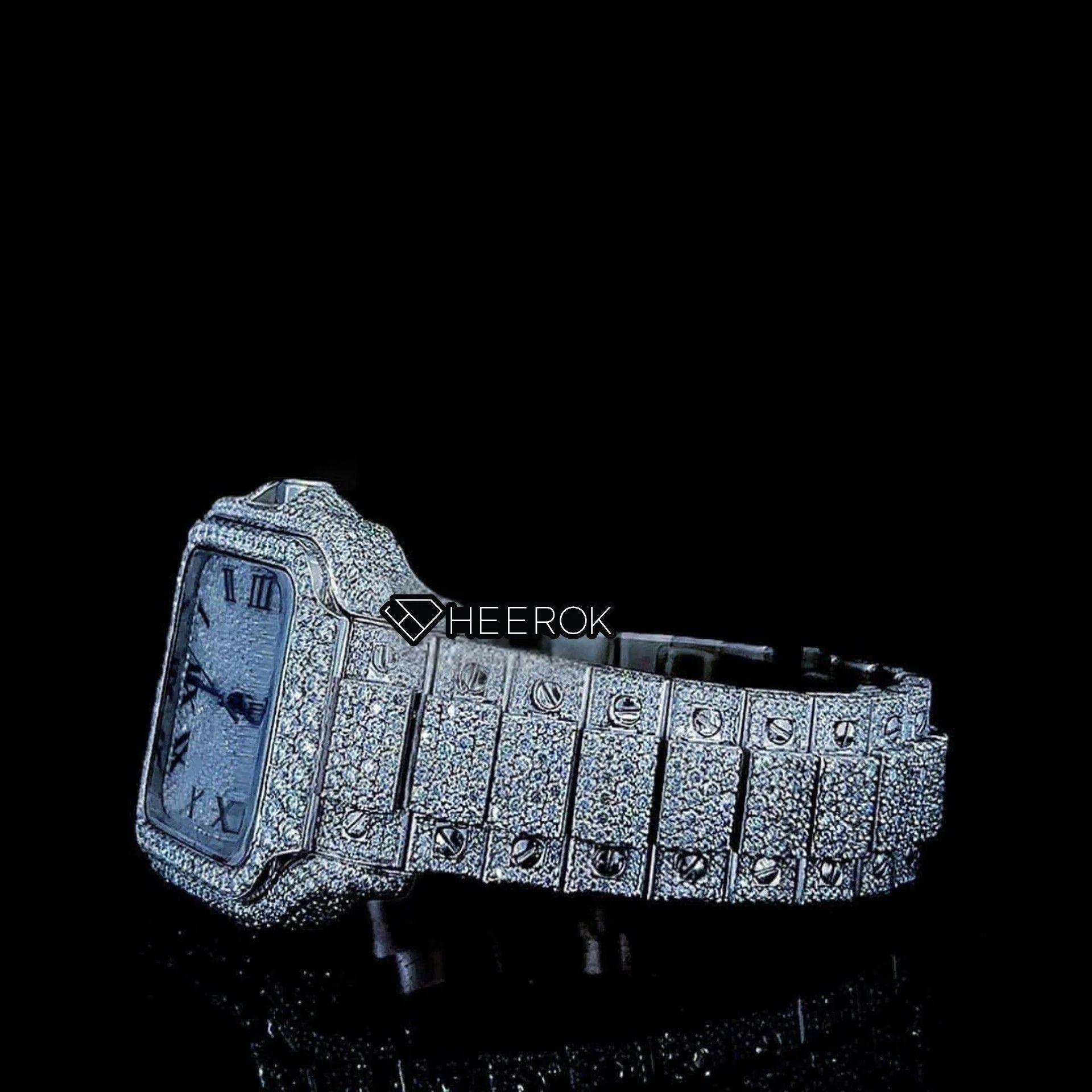 Cartier Santos Full Pave Dial Black Roman Numerals Diamond Bezel Fully Iced Moissanite Diamond