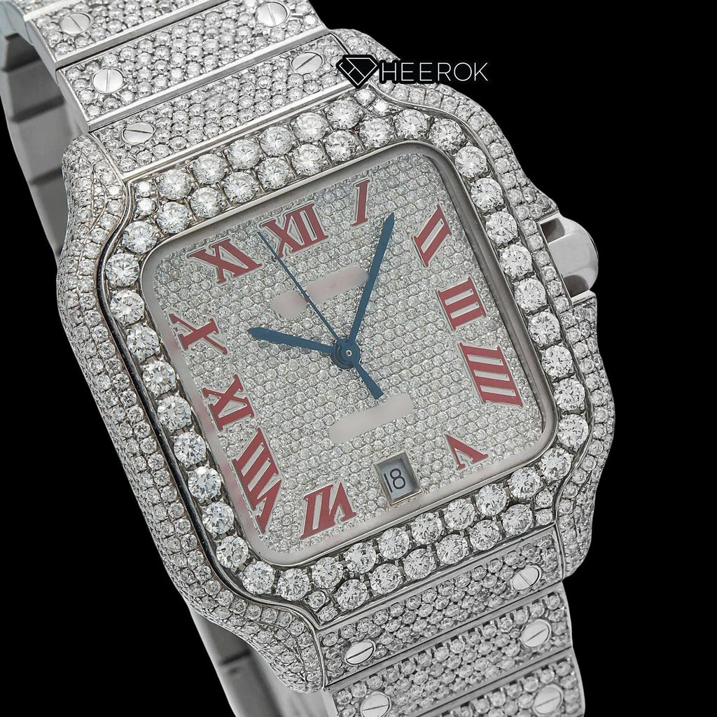 Cartier Santos Full Pave Dial Red Roman Numerals Diamond Bezel Fully Iced Moissanite Diamond Watch For Women