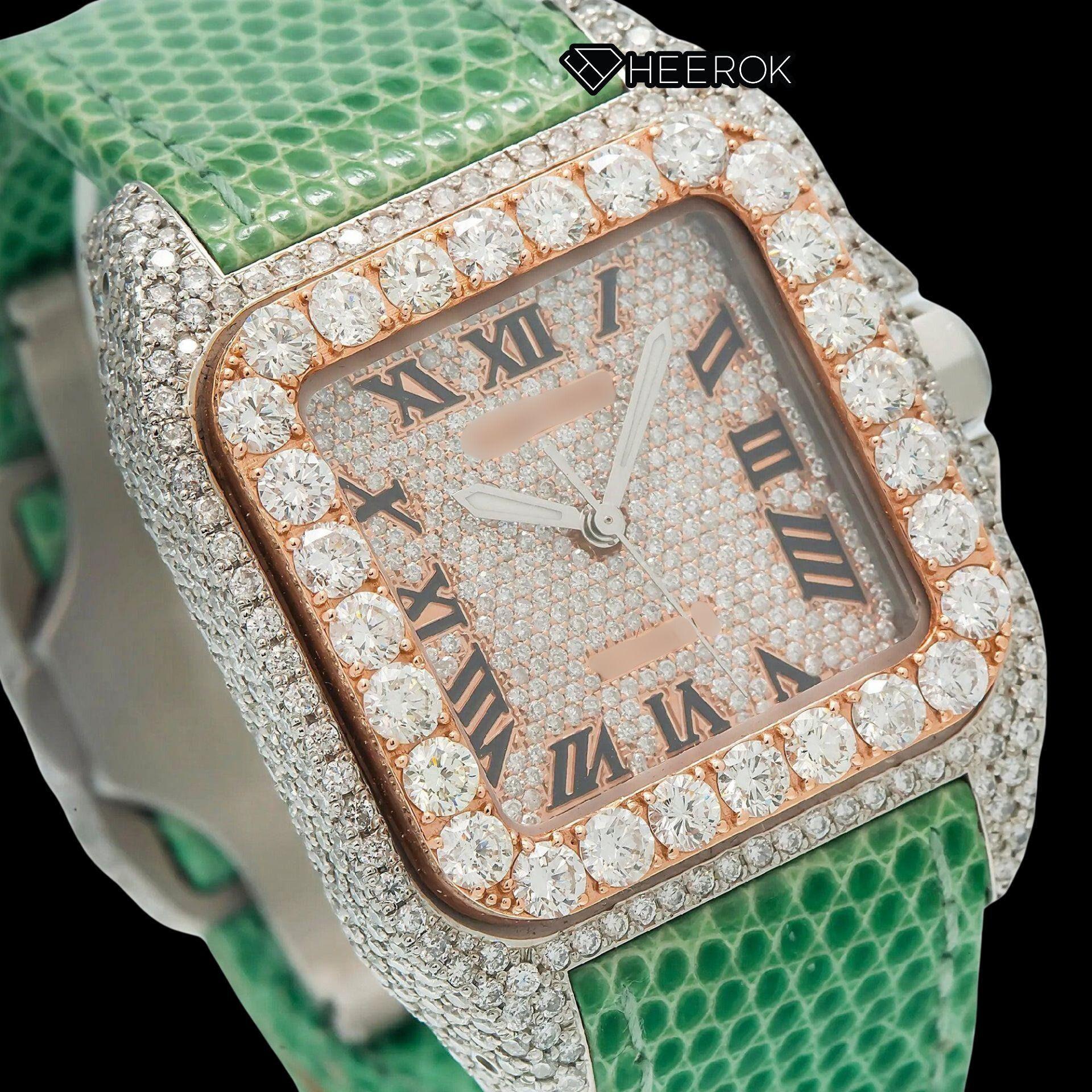 Cartier Santos Rose Gold Dial Roman Numerals Large Round Diamond Bezel Green Leather Strap Semi Iced Moissanite Diamond Watch