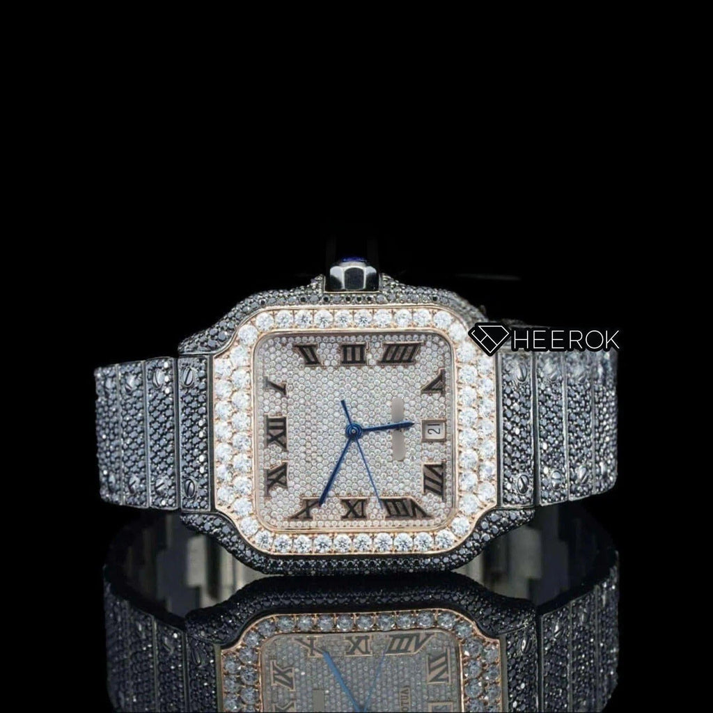 Cartier Santos Rose Gold Roman Dial Diamond Bezel Fully Iced Moissanite Black Diamond Bracelet
