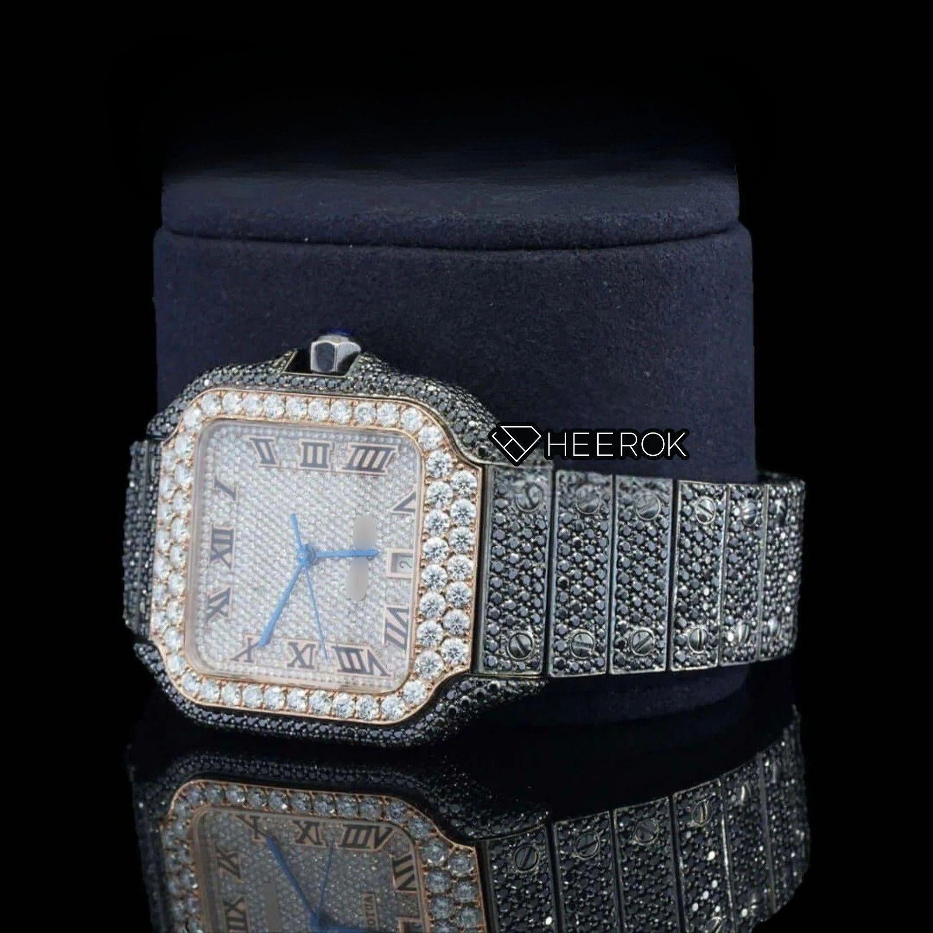 Cartier Santos Rose Gold Roman Dial Diamond Bezel Fully Iced Moissanite Black Diamond Bracelet