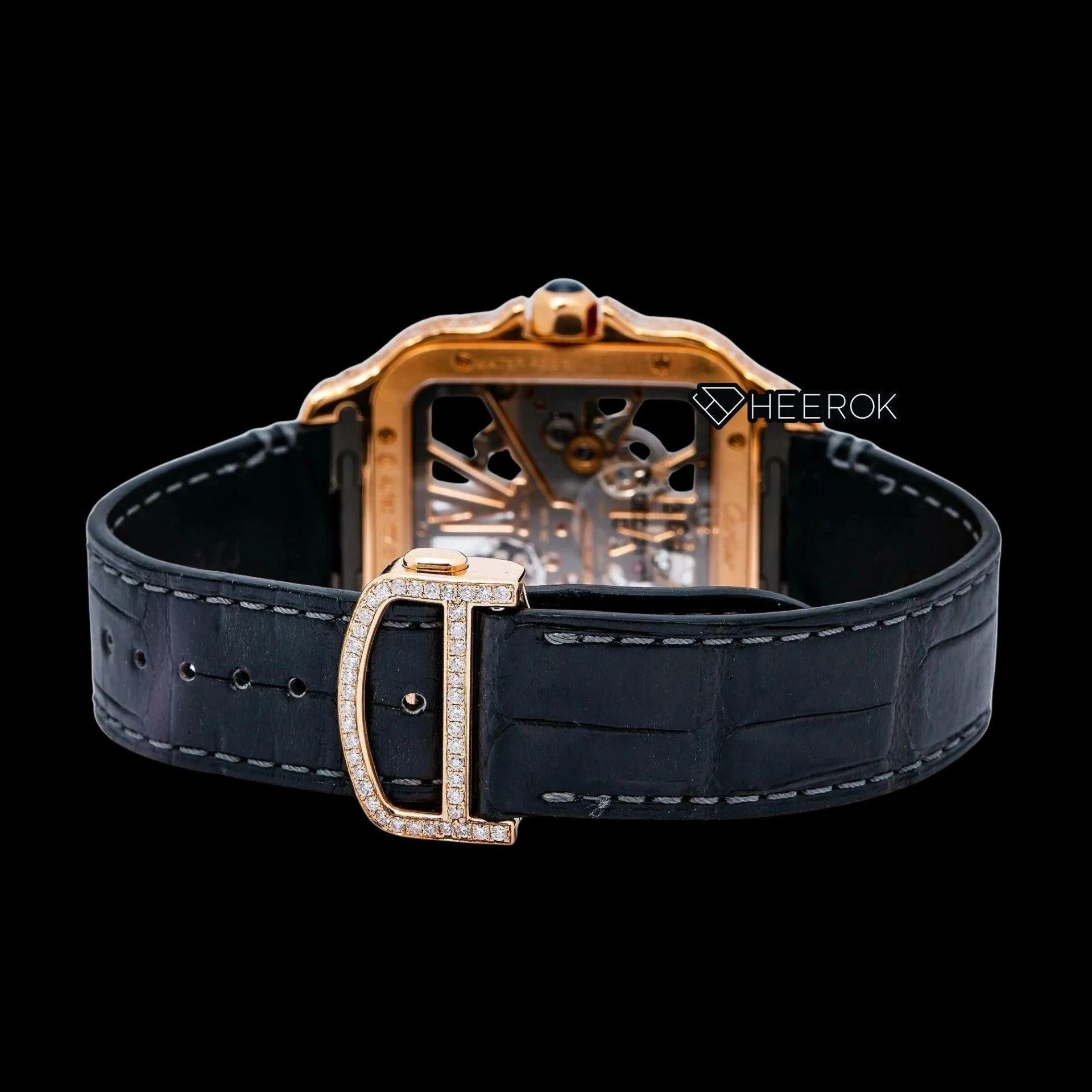 Cartier Santos Rose Gold Skeleton Dial Diamonds Bezel Black Leather Strap Semi Iced Moissanite Diamond Watch